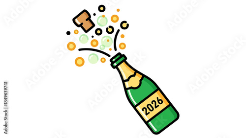 A cartoon illustration of a green champagne bottle popping with a cork flying out and bubbles exploding, celebrating the year 2026.