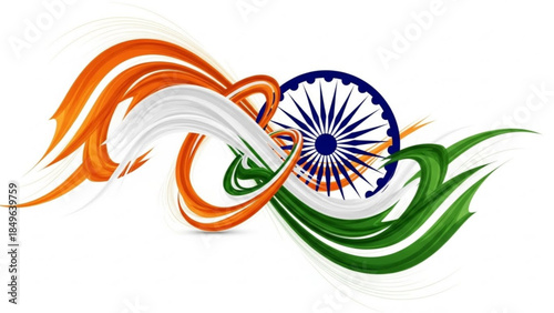 Abstract Indian flag colors forming a swirling ribbon with Ashoka Chakra representing national pride and patriotism for India