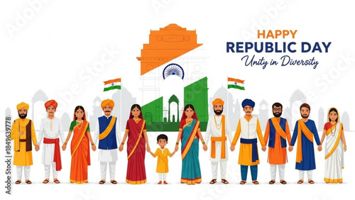Diverse Indian people celebrating Republic Day unity in diversity concept with national symbols vector illustration for holiday greetings