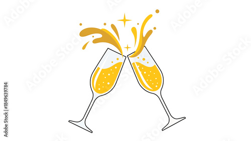 Two champagne flutes clinking together with golden liquid splashing and sparkles, symbolizing a celebration or toast.