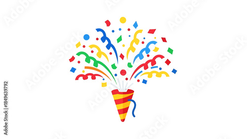 A colorful illustration of a party popper exploding with confetti and streamers against a white background, symbolizing celebration and joy.