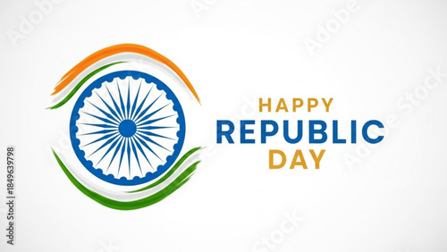 Happy Republic Day India Ashoka Chakra symbol with saffron and green waves vector illustration for patriotic celebration and national holiday