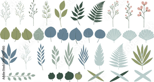 Diverse Collection of Botanical Elements and Leaf Designs in Various Shades of Green and Blue.