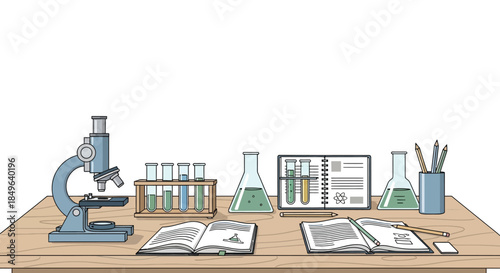 Science laboratory desk with microscope and test tubes.