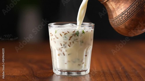 White liquid poured into glass with seeds and herbs from a patterned copper jug on wood