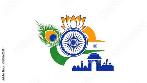Indian national symbols collage featuring Ashoka Chakra lotus flower peacock feather and India Gate silhouette representing national pride and culture