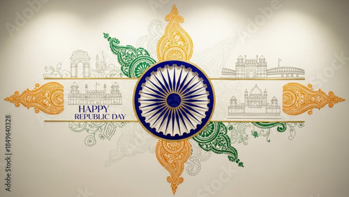 Indian Republic Day celebration graphic with Ashoka Chakra national symbols and decorative elements perfect for patriotic designs and event invitations