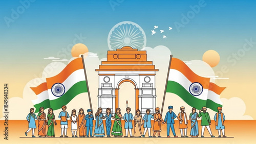 Diverse group of Indian people in traditional clothing standing in front of India Gate celebrating national pride with flags vector illustration