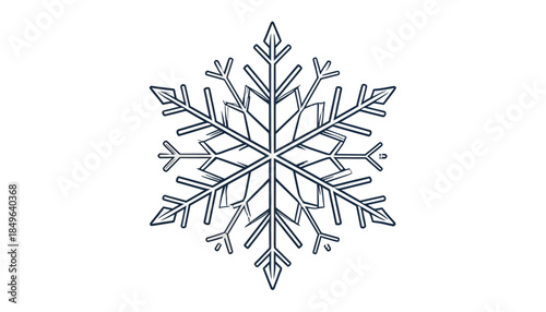 A Detailed Snowflake Illustration with Geometric Symmetry and Crystalline Structures on a White Background