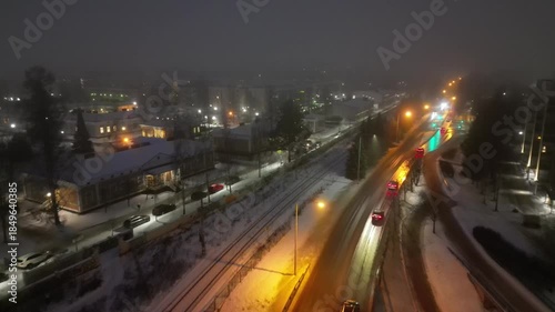 Dark December foggy morning aerial view in Oulu, Finland