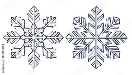 Intricate line art illustrations of two detailed snowflakes on a white background, showcasing symmetry and crystalline structure