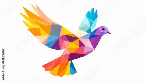 Colorful abstract origami dove flying with spread wings symbolizing peace, freedom, and hope in a vibrant polygonal design
