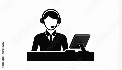 Professional customer support agent wearing a headset, providing online assistance and helpdesk service with a computer icon