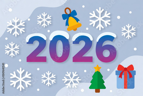 Colorful 2026 New Year with Snowflakes and Holiday Icons