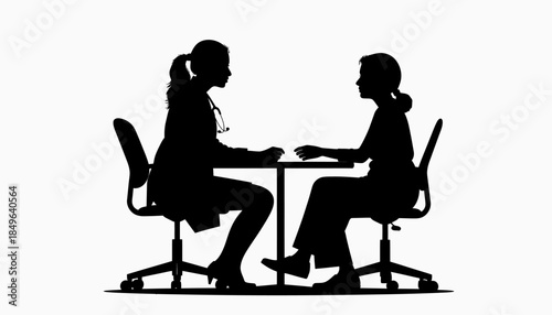 Professional silhouette vector illustration depicting a female doctor consulting with a patient across a table, symbolizing healthcare dialogue, medical advice, and compassionate communication