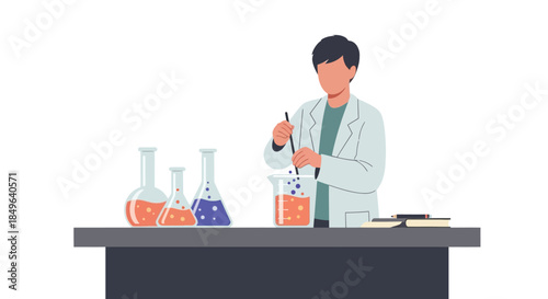 Scientist conducting experiment in laboratory with various beakers and flasks.
