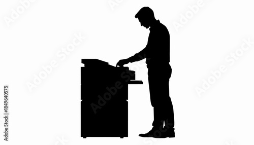 Silhouette of a person using a copier or printer machine on a white background