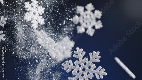 White glitter snowflakes falling against a deep blue background with sparkling dust