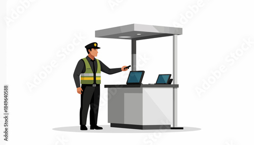 Conceptual illustration depicting a security professional diligently managing a control point, utilizing modern technology within a secure access booth for regulated entry