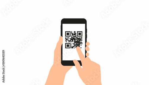 Modern mobile technology concept featuring hands interacting with a smartphone screen displaying a scannable QR code for secure digital transactions and information access