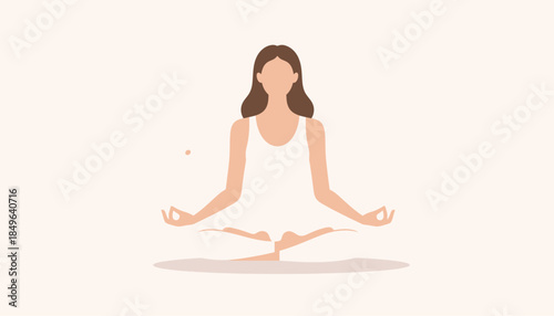 Illustration of a woman meditating in a serene, calm, and tranquil lotus pose on a plain background, symbolizing peace and mindfulness