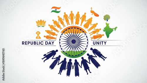 Republic Day unity concept diverse people holding hands around Indian flag emblem symbolizing national pride and togetherness vector illustration