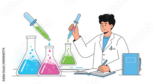 Scientist conducting experiments in a laboratory with beakers and pipettes.