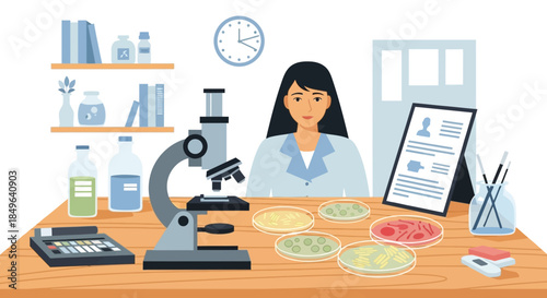 Female scientist working in a laboratory with microscope and petri dishes.