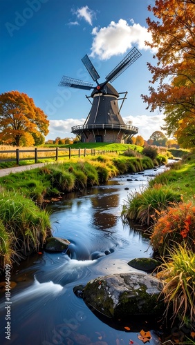 Scenic rural landscape with a tall windmill, a stream, and vibrant fall foliage