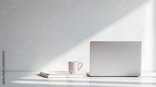 Serene Workspace Still Life: Minimalist composition showcasing a laptop, book, and coffee mug, bathed in soft, natural light, symbolizing productivity and focus.