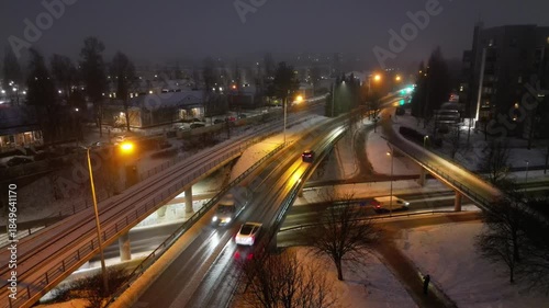Dark December foggy morning aerial view in Oulu, Finland