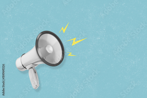 A modern art collage featuring a megaphone on a blue background. A concept for publicity and advertising.