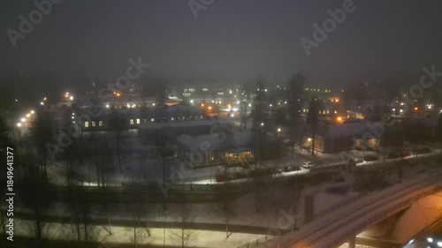 Dark December foggy morning aerial view in Oulu, Finland