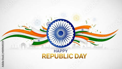 Happy Republic Day India Ashoka Chakra and tricolor flag waves with cityscape silhouette patriotic concept for celebration and greeting cards