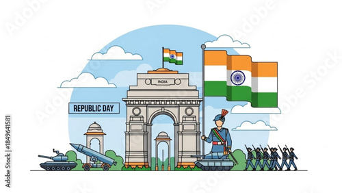 Indian Republic Day celebration with India Gate military parade and national flag vector illustration for patriotic events and national holidays
