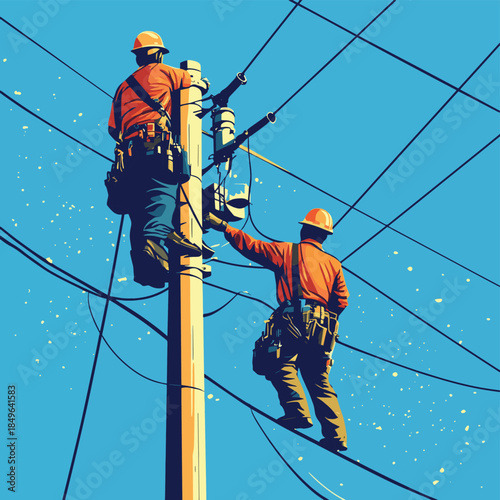 Electricians work diligently on power poles, ensuring safety and functionality of power lines under a clear blue sky