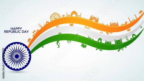 Happy Republic Day India tricolor wave with iconic landmarks and Ashoka Chakra vector illustration for patriotic celebrations and design