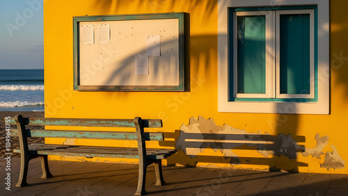 window in the church, window in the old house, yellow and blue windows, empty bench on the beach, Empty bulletin board on yellow wall beside teal window. Wooden bench sits on pavement. Outdoor info sp