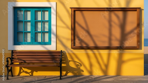 window in the church, window in the old house, yellow and blue windows, empty bench on the beach, Empty bulletin board on yellow wall beside teal window. Wooden bench sits on pavement. Outdoor info sp