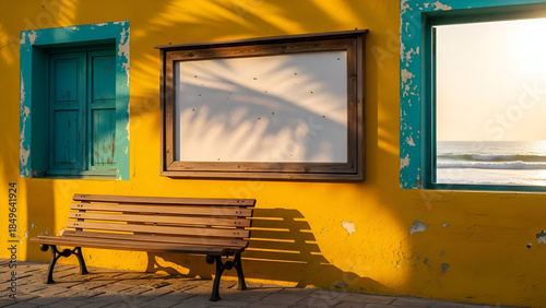 window in the church, window in the old house, yellow and blue windows, empty bench on the beach, Empty bulletin board on yellow wall beside teal window. Wooden bench sits on pavement. Outdoor info sp