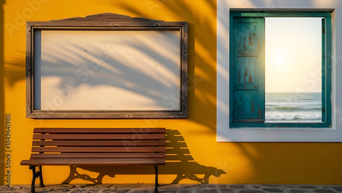 window in the church, window in the old house, yellow and blue windows, empty bench on the beach, Empty bulletin board on yellow wall beside teal window. Wooden bench sits on pavement. Outdoor info sp