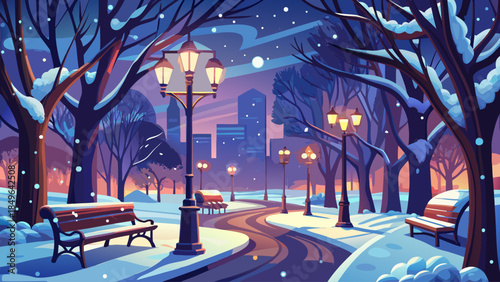 Peaceful European city park at night during winter, with fresh snow blanketing trees and benches while glowing street lamps cast warm light through gently falling snowflakes