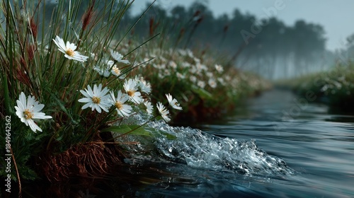 Serene close-up of wildflowers and a gently flowing stream in a foggy landscape