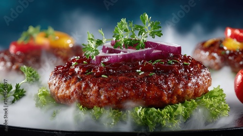 Gourmet burgers, enhanced with toppings, on a plate, surrounded by stylized vapor