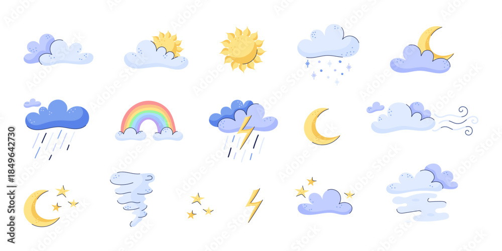 Obraz premium Set of weather elements. Hand drawn icons of the sun, clouds, rain, wind, thunderstorms, stars and moon. Weather forecast for mobile apps and websites. Doodle vector illustration. Suitable for prescho