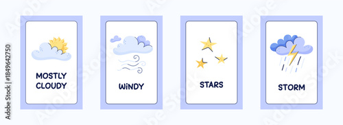 Set of educational weather cards for kids. Postcards with captions. Weather icons cloudy, Windy, stars and Storm. Cute hand drawn vector illustration.