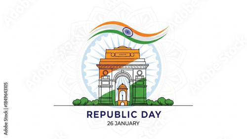 India Gate illustration with Indian flag waving above celebrating Republic Day on January 26th perfect for patriotic designs and national holidays