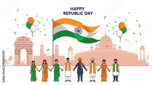 Happy Republic Day illustration with diverse Indian people holding hands Indian flag waving and iconic landmarks celebrating unity and patriotism