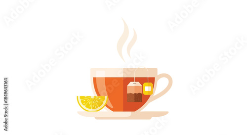Steaming cup of hot tea with lemon slice on white background.