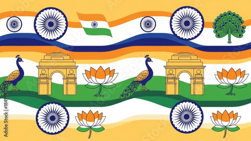 Indian patriotic seamless pattern with national symbols like Ashoka Chakra lotus peacock and India Gate representing culture and heritage for design